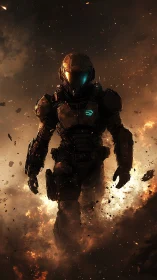 Armored space soldier strides through blazing battlefield.