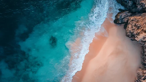 Aerial view of turquoise shoreline with rock formations.
