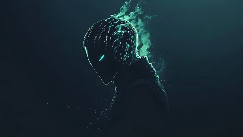 Neon-masked phantom emerges from darkness in teal fire.