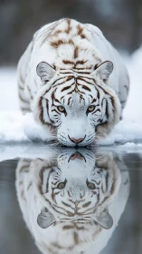 Snowbound white tiger studying its mirrored winter twin.