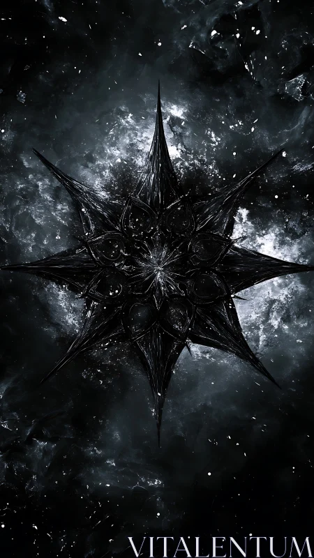 Radial black starburst form on textured dark field.