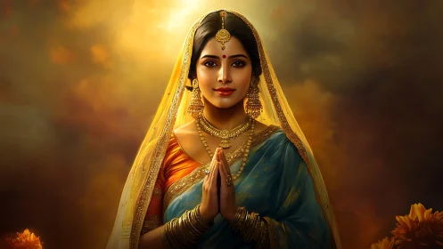 Elegant Indian Woman in Traditional Attire with Golden Aura.