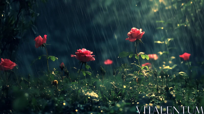 Rainlit roses hold their ground beneath a silver storm