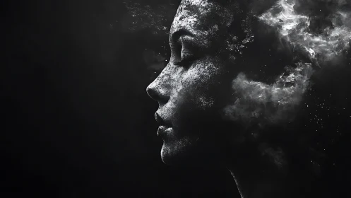 Cosmic female profile dissolves into swirling starry dust.