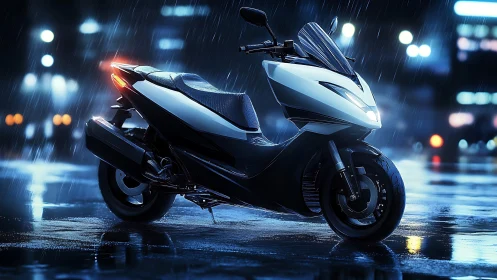 Futuristic scooter stands in neon rain on a wet city street.