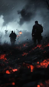 Soldiers walking through stormlit embers of a quiet battlefield.