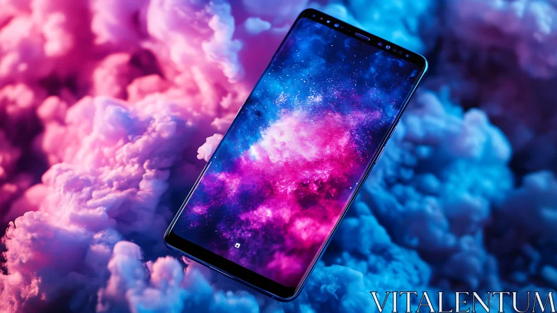 Galaxy-drenched smartphone drifts through neon cotton clouds