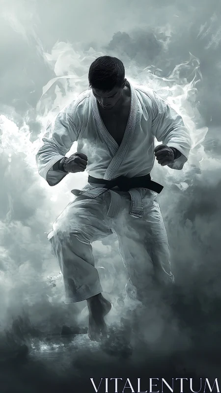 Martial artist in white gi rising through swirling smoke.