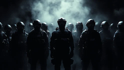 Riot police unit stands in dense backlit smoke at night
