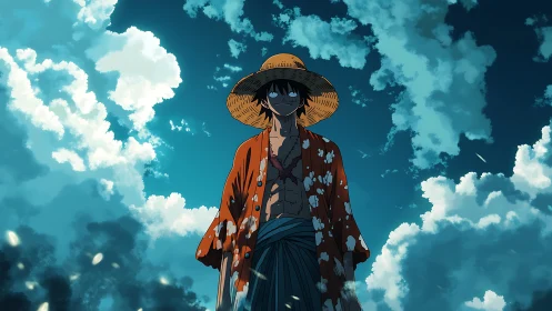 Straw-hatted wanderer stands beneath dramatic azure sky.