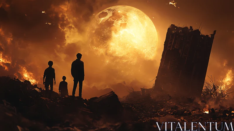 Silhouetted figures in burning ruins before oversized moon.
