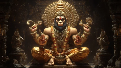 Divine simian deity in ornate golden temple throne rendering.