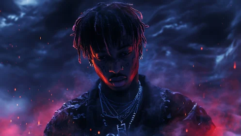 Moody digital portrait of rapper in neon storm clouds.