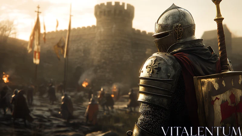 Armored knight observing medieval battle near stone walls.