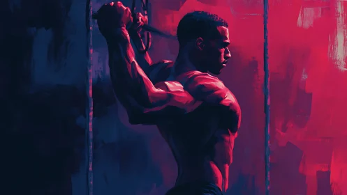 Neon-lit athlete trains with cables in bold magenta light.