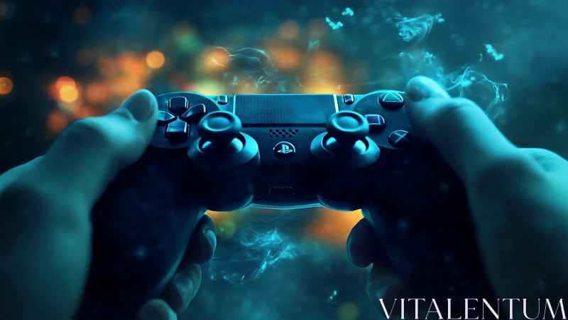 Hands holding game controller against blurred light field.