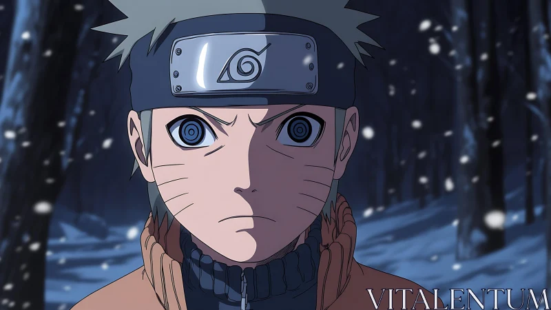 Close frontal anime portrait with dynamic snow and shallow depth