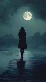 Silhouetted woman walking across misty shore under moon.