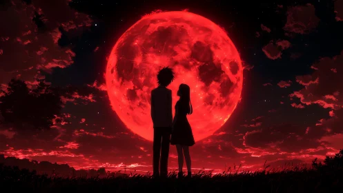 Lovers share a quiet moment beneath a glowing red moon.