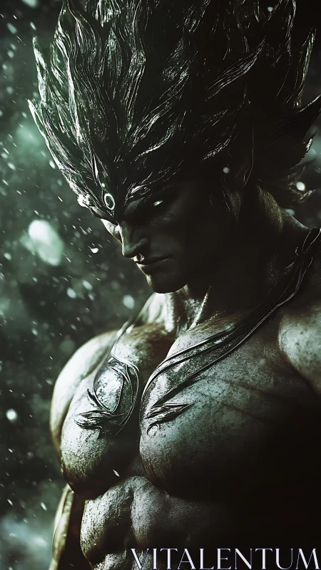 Mythic stone warrior emerges under stormlit snowfall.