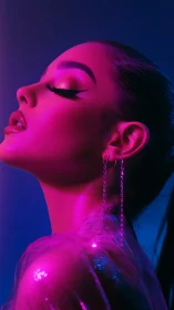 Neon-lit beauty portrait with bold eyeliner and glossy skin.