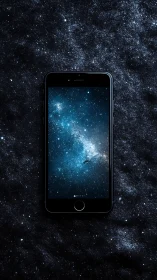 Smartphone floats in cosmic galaxy backdrop of deep space