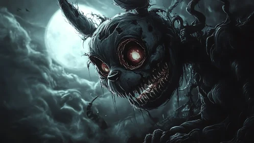 Nightmarish rabbit monster under full moon, horror focus.