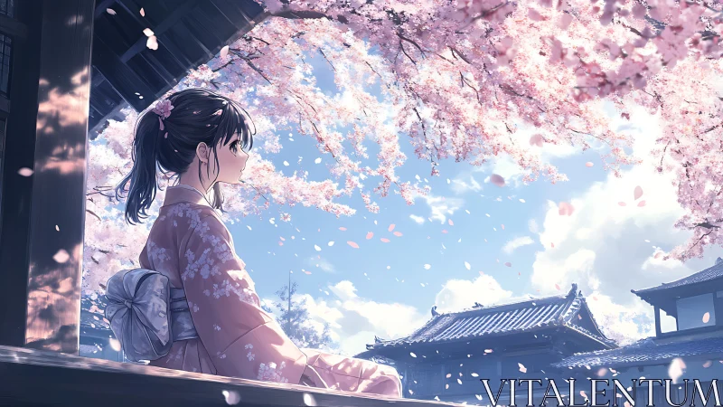 Anime spring portrait under cascading sakura canopy in profile.