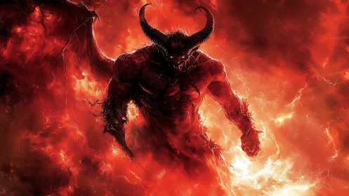 Horned demon strides through blazing inferno in vivid detail.