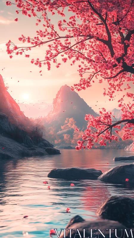 Digital painting of a tranquil sakura lake at sunrise.