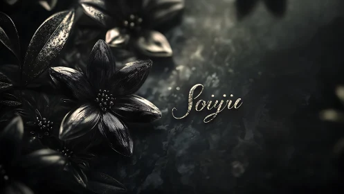 Metallic floral typography glows against dark bokeh field