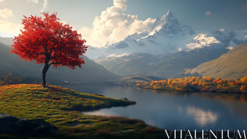 High dynamic range alpine lake landscape with vivid red tree