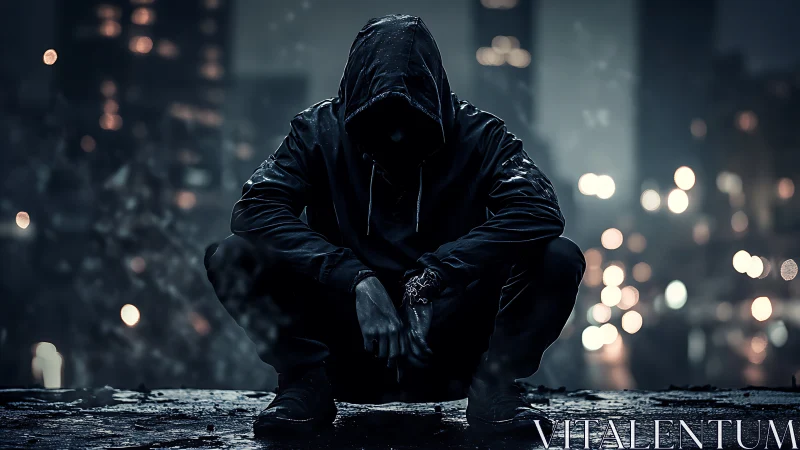 Hooded figure crouching on wet rooftop at night in cityscape.