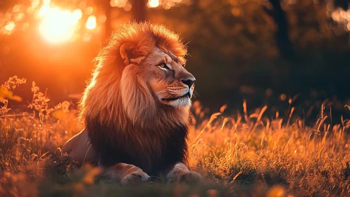 Lion resting in sunset grass with quiet golden confidence.