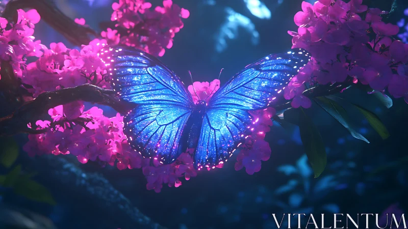 Bioluminescent blue butterfly spans neon blossoms in twilight