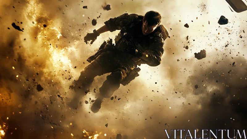 Kinetic shockwave-suspended soldier in high-energy detonation.