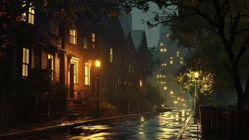 Rain-slicked brownstone avenue under patient golden lamplight.