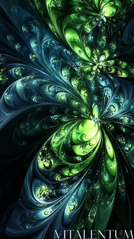 Luminous green fractal blooms spiral through a cosmic night