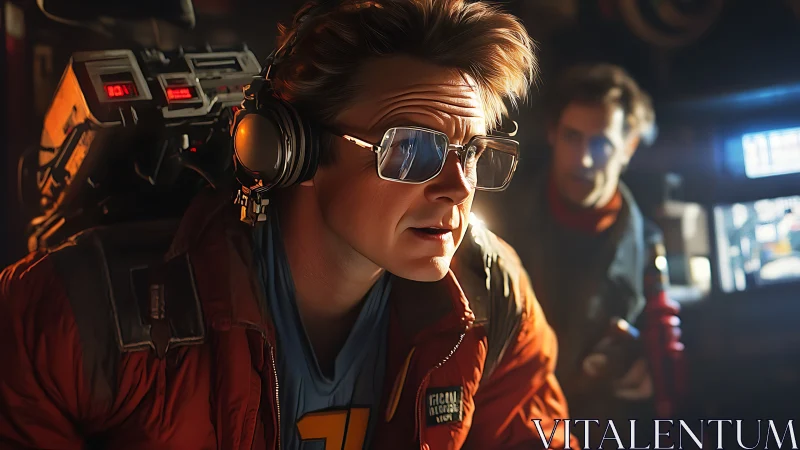 Retro sci fi teen with headset in neon lit lab scene.