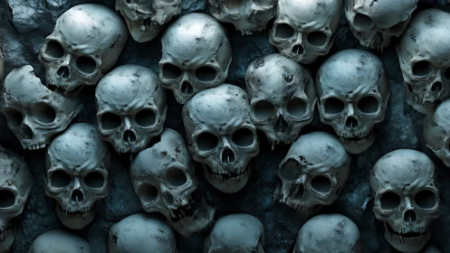 Clustered human skull wall under cold cyan lighting.