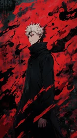 White-haired antihero amid violent crimson splatter storm.