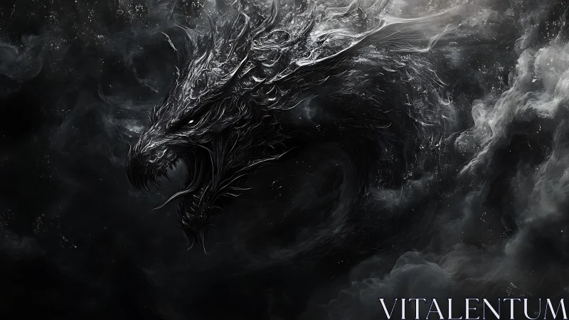 Shadowy spectral dragon emerging from swirling smoke.