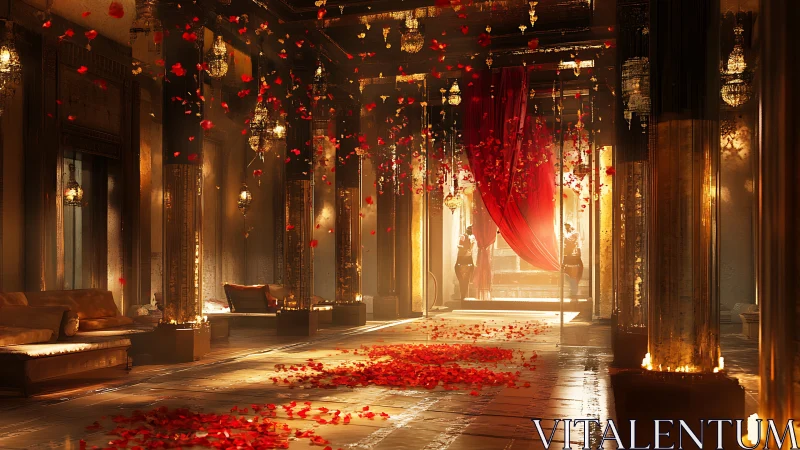 Opulent hall with red petals, columns and warm lantern light.