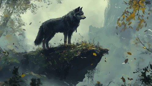 Lone wolf surveying misty forest cliff in painterly style.