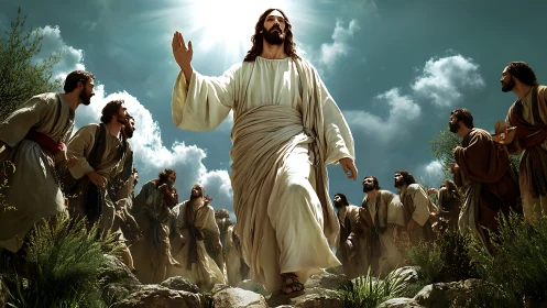 Radiant robed leader ascending hillside under haloed sun.