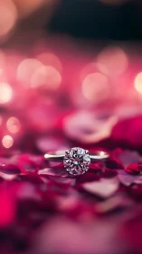 Diamond Solitaire Ring Amid Rose Petals.