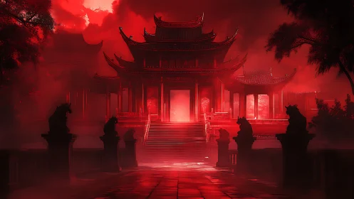 Mystical red temple gateway glowing through swirling mist.