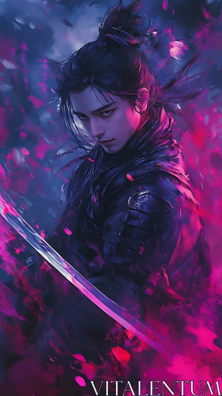 Neon samurai warrior in swirling magenta storm clouds.