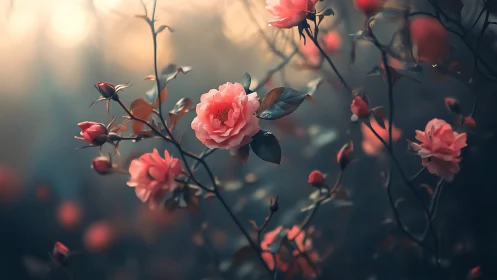 Soft Focus Garden: Coral Roses in Atmospheric Bloom Sequence.