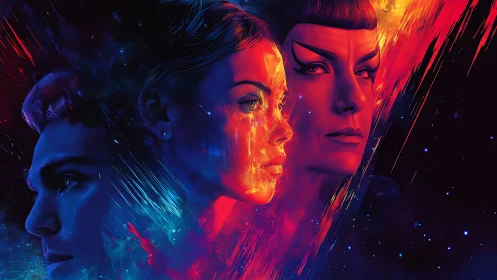 Triadic futuristic portraits in contrasting neon color fields.